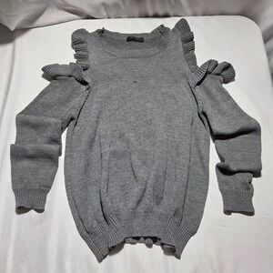 KLD Grey Cold Shoulder Ruffle Trim Knit Sweater Large Made in USA
